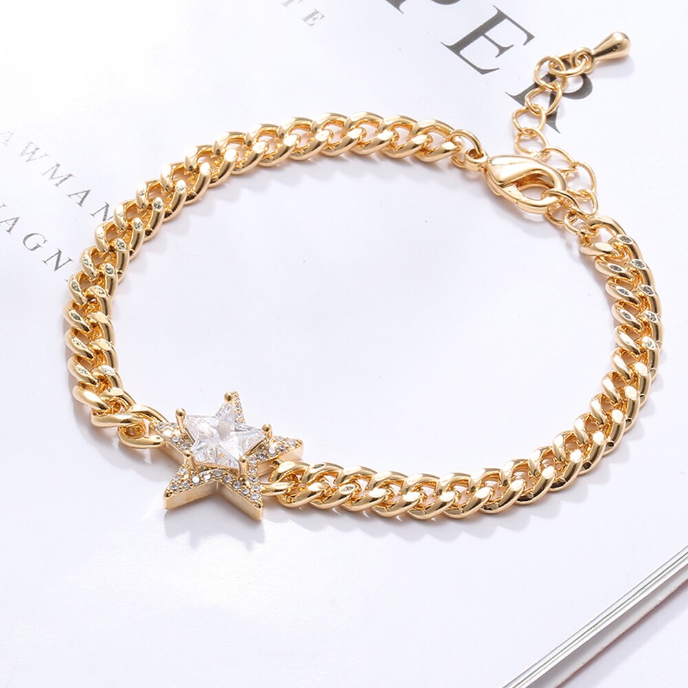 Heavy Thick Chain Bracelet For Woman CZ Cubic Zircon Stars Double Heart Love Round Portrait Bracelet Bangle Women Wedding Gift