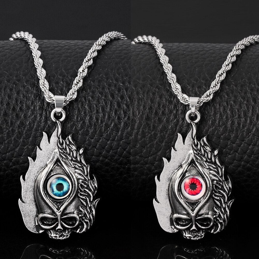 Hell Devil Eye Burning Flame Skull Punk Pendant Necklace Horrible Night Gothic Cool Halloween Man Women Jewelry Necklace Gift
