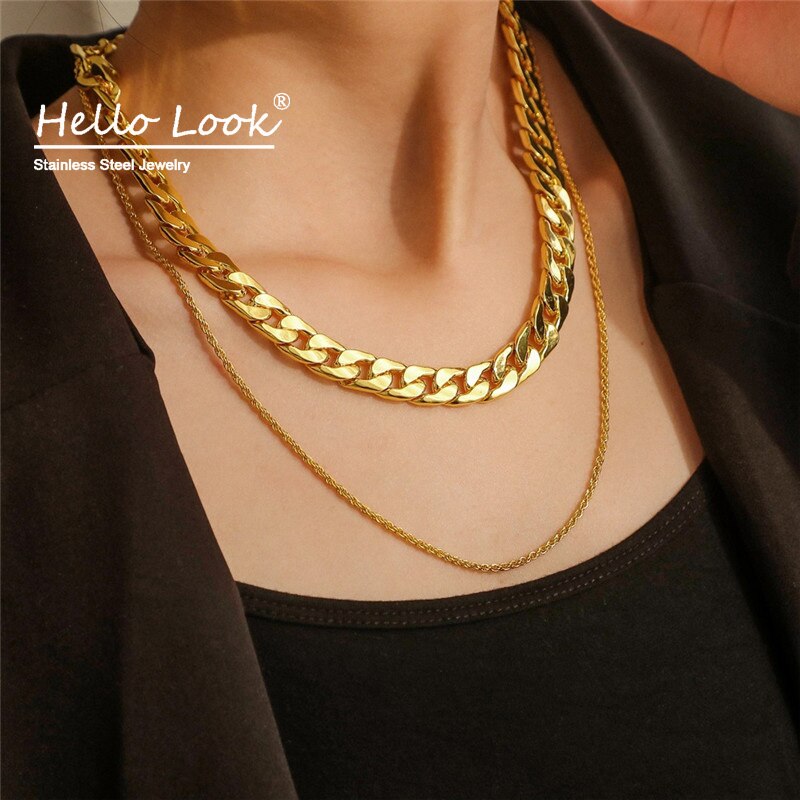 Hellolook Exaggerated Thick Twist Chain for Man Women Double Layer Stainless Steel Cuban Miami Chain Necklace Choker