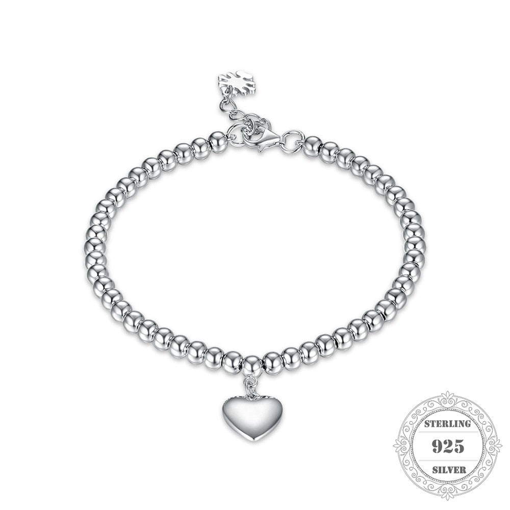 100% 925 Sterling Silver Ball Chain with Heart Charm Bracelets, Length:16CM+3CM, Fine Jewelry Gift for Women H003
