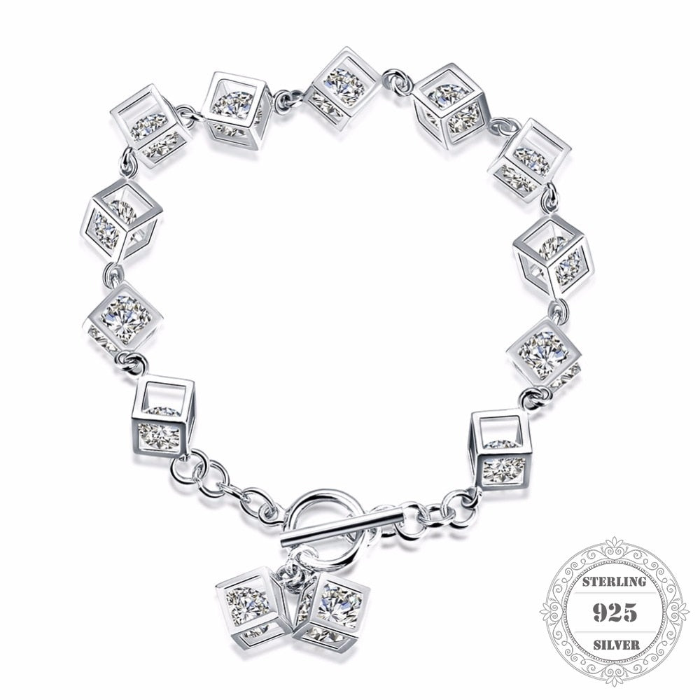 100% 925 Sterling Silver Cube CZ Charms Bracelets & Bangles, 18CM Fine Jewelry Gift for Women PB070