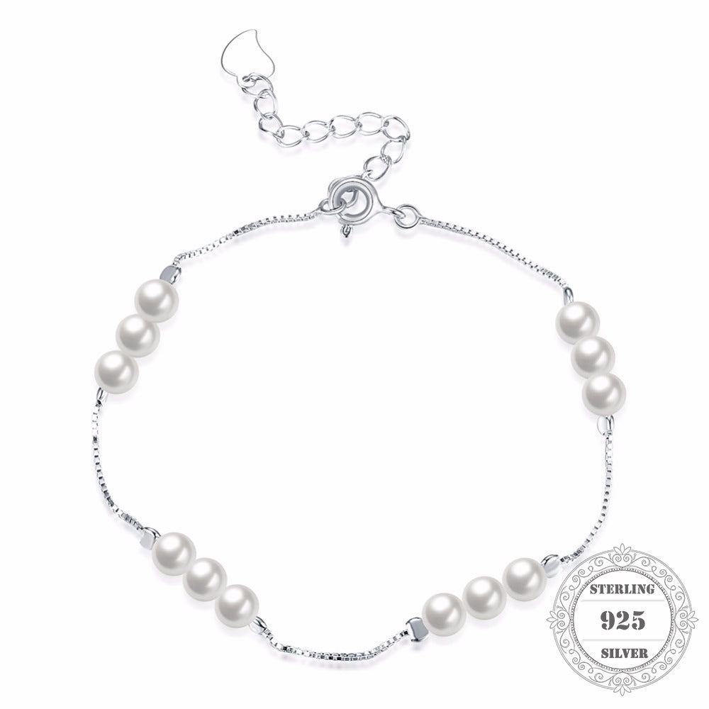 100% 925 Sterling Silver Pearl Charm 19-21CM Bracelets & Bangles, Fine Jewelry Gift for Women PB012