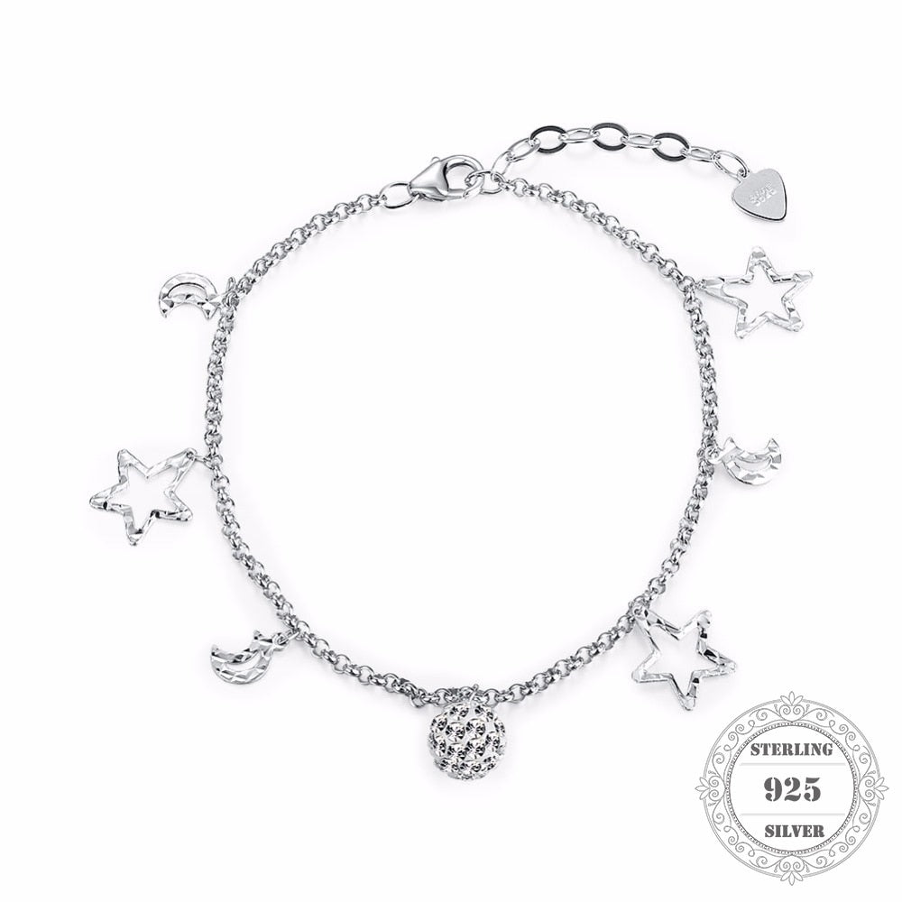 100% 925 Sterling Silver Star Moon Charm 19-21CM Bracelets & Bangles, Fine Jewelry Gift for Women PB006