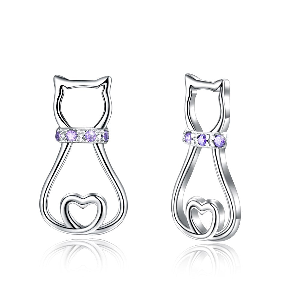 925 Sterling A Golden Lovely Cat with a Bow Tie Zircon Ear Studs, European For Men and Women PTEE028