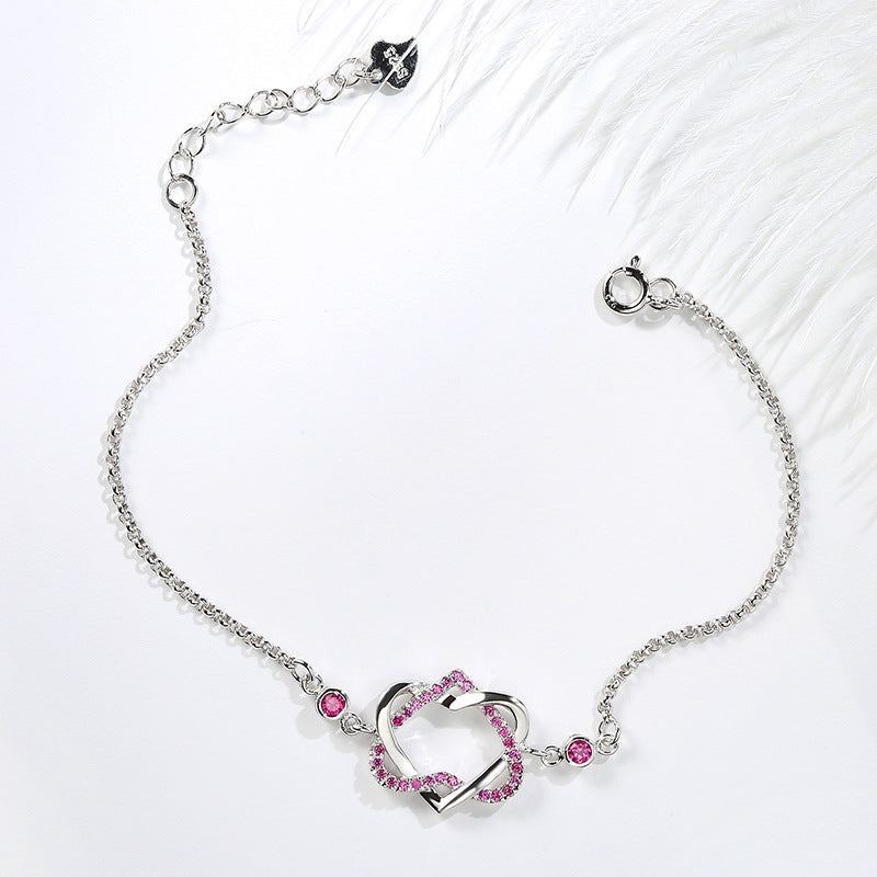 925 Sterling Silver Double Heart with Heart Pink Zircon Linker Women Bracelets Fine Jewelry Party Gift for Female L224