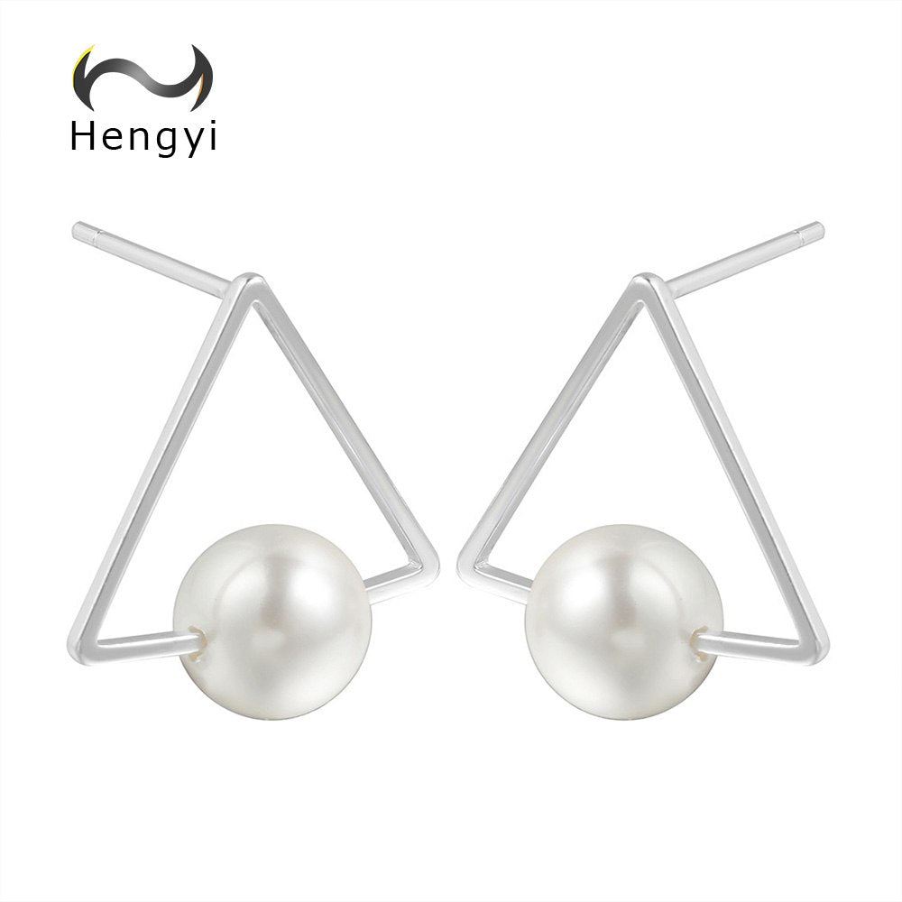 Hengyi Geometric Triangle 925 Silver Stud Earrings Women Fashion Classic Stud Earrings with Beads