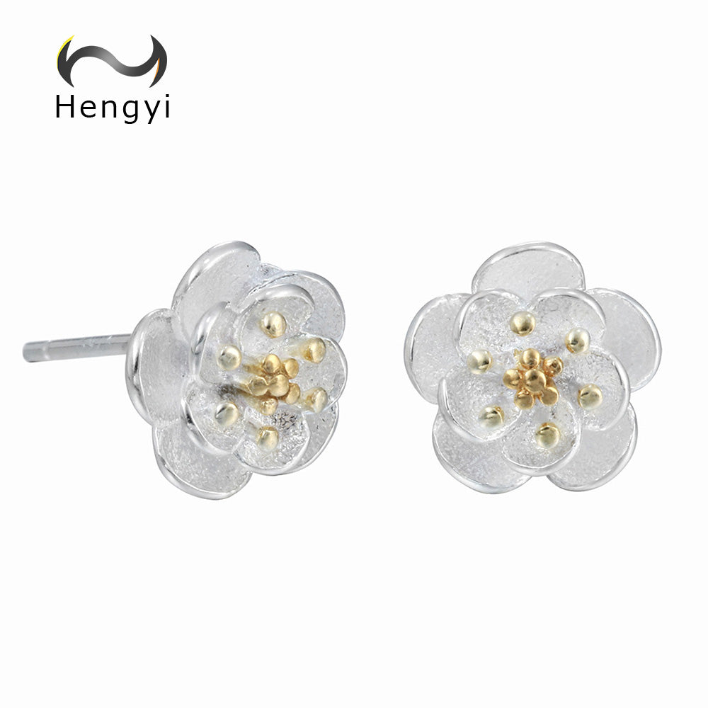 Hengyi Plant Flower 925 Sterling Silver Bride Stud Earrings for Women Wedding Anniversary Silver 925Jewelry