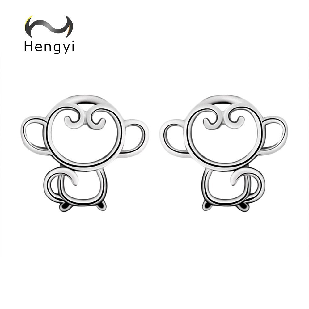 Hengyi Real 100% Sterling Silver Animal Monkey Stud Earrings for Women Cute Lovely Style Fine Jewelry