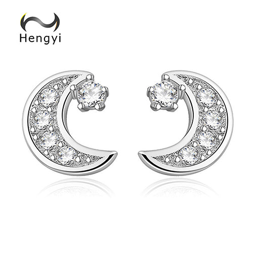 Hengyi Real 925 Sterling Silver Elegant Simple Moon Stud Earrings for Women Lover Office Style Brand Fine Jewelry