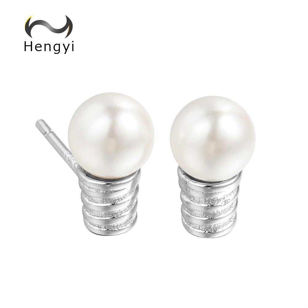 Hengyi Round Pearl Stud Earrings 925 Sterling Silver Women Sleek Minimalist Style Cute Spiral Fine Jewelry