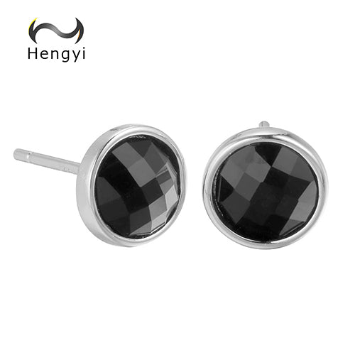 Hengyi Round Simple Gem 925 Sterling Silver Stud Earrings for Women Trendy Classic Vintage Party Wedding 925 Silver Jewelry
