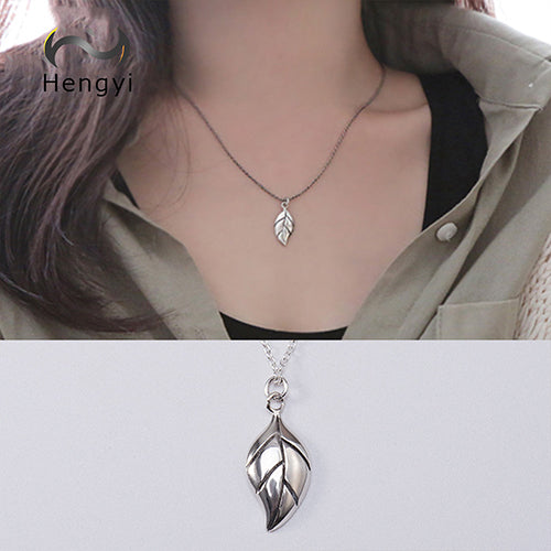 Hengyi Simple Plant Leave Shape 925 Sterling Pendant Necklace For Women Vintage Trendy Party 925 Silver Jewelry