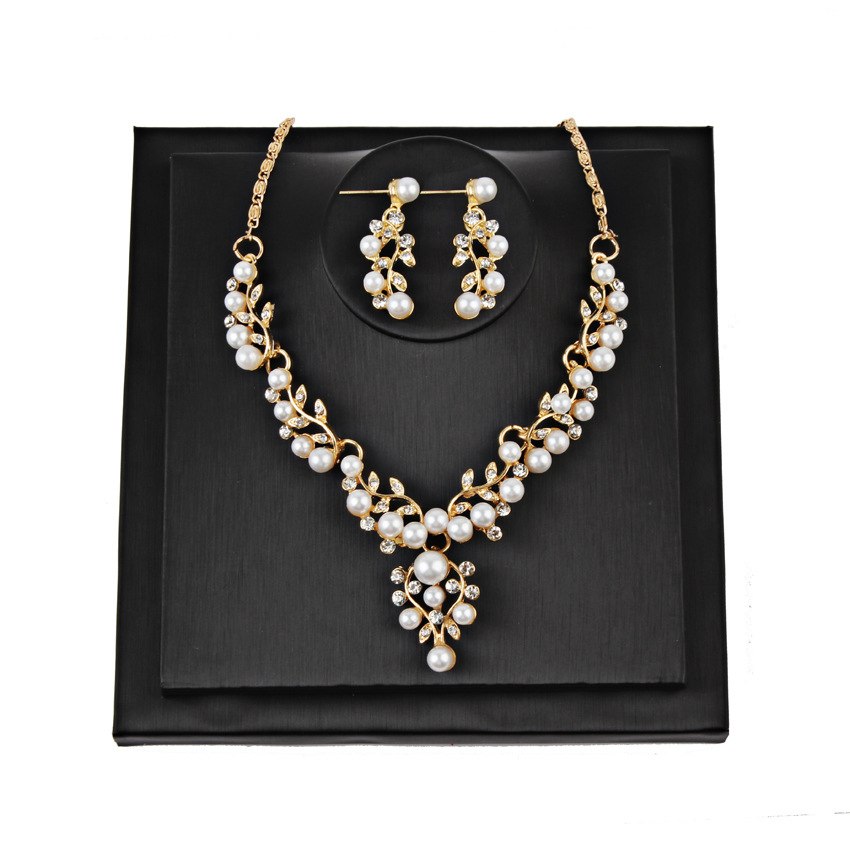Bridal Simulated Pearl Jewelry Sets Gold Silver Color Lead Crystal Pendant Necklace Women Stud Earrings Sets Accessories