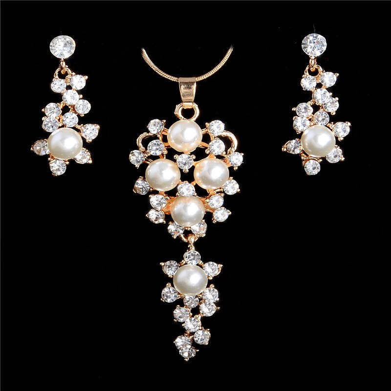 Bridal Simulated Pearl Jewelry Sets Gold Silver Color Lead Crystal Pendant Necklace Women Stud Earrings Sets Accessories