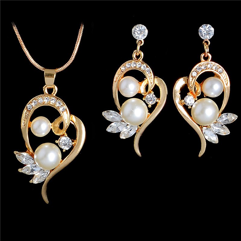 Bridal Simulated Pearl Jewelry Sets Gold Silver Color Lead Crystal Pendant Necklace Women Stud Earrings Sets Accessories
