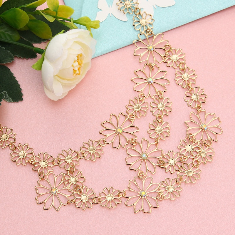 Hesiod Vintage Bohemia Multi-layer Hollowed Flower Necklace For Women Rhinestone Crystal Collar Necklace Pearl Choker