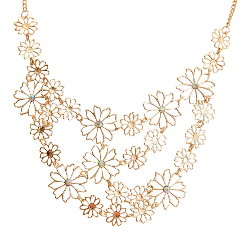 Hesiod Vintage Bohemia Multi-layer Hollowed Flower Necklace For Women Rhinestone Crystal Collar Necklace Pearl Choker