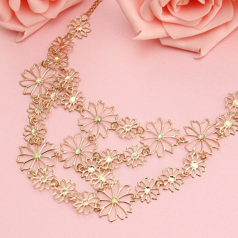 Hesiod Vintage Bohemia Multi-layer Hollowed Flower Necklace For Women Rhinestone Crystal Collar Necklace Pearl Choker