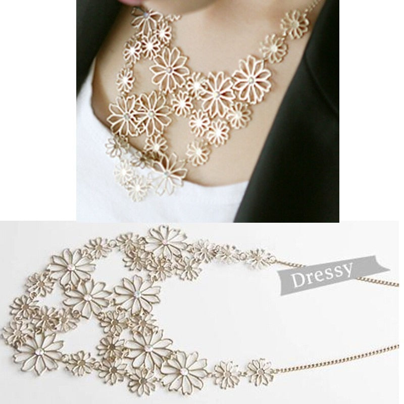 Hesiod Vintage Bohemia Multi-layer Hollowed Flower Necklace For Women Rhinestone Crystal Collar Necklace Pearl Choker