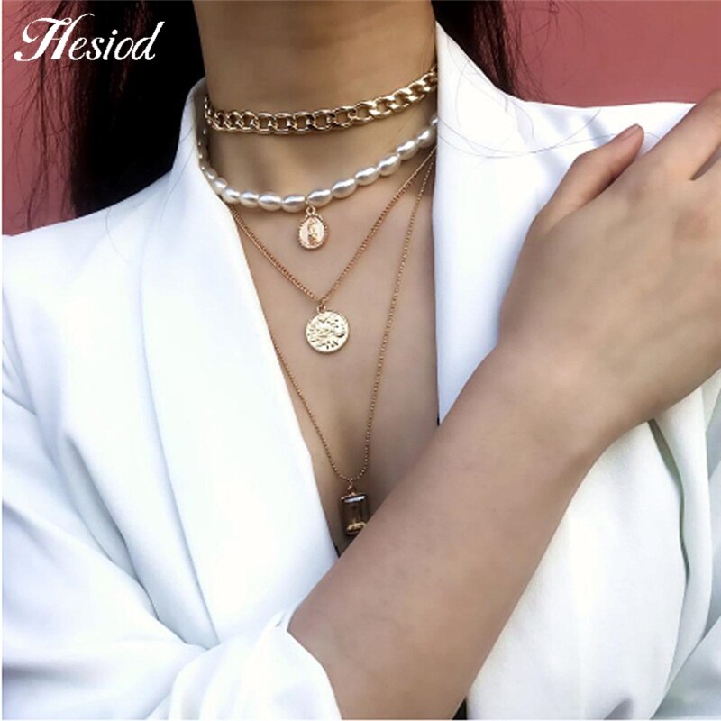 Hesiod Vintage Bohemia Multi-layer Hollowed Flower Necklace For Women Rhinestone Crystal Collar Necklace Pearl Choker