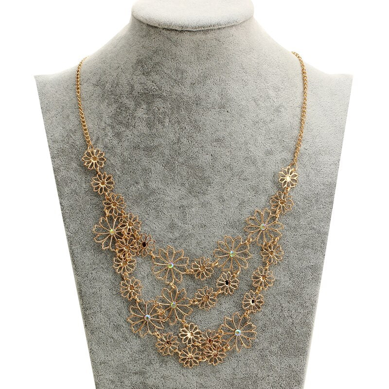 Hesiod Vintage Bohemia Multi-layer Hollowed Flower Necklace For Women Rhinestone Crystal Collar Necklace Pearl Choker