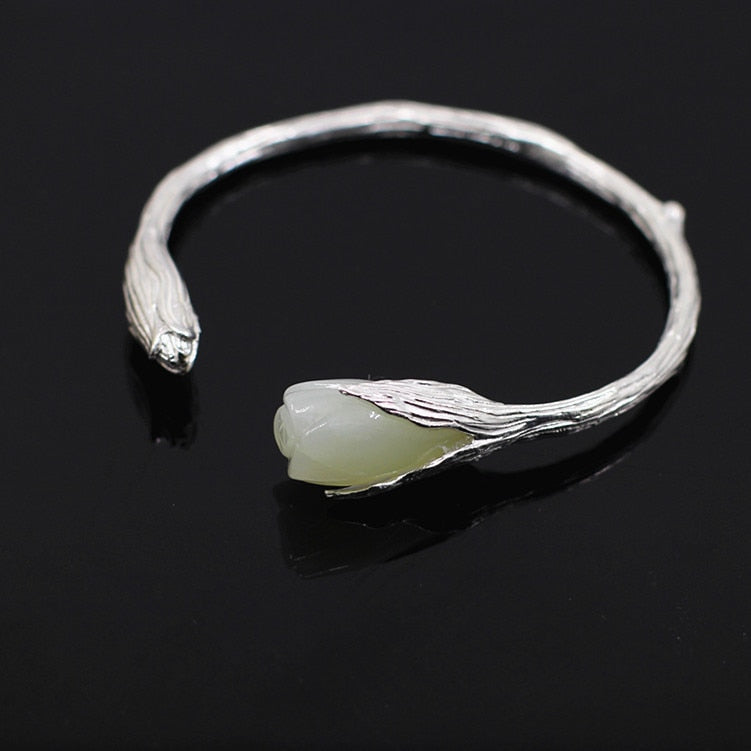 Hetian Jade Bracelet Women Chinese National Ethnic 925 Sterling Silver Fine Jewelry Magnolia Flower Hand Made Bracelets New 2020