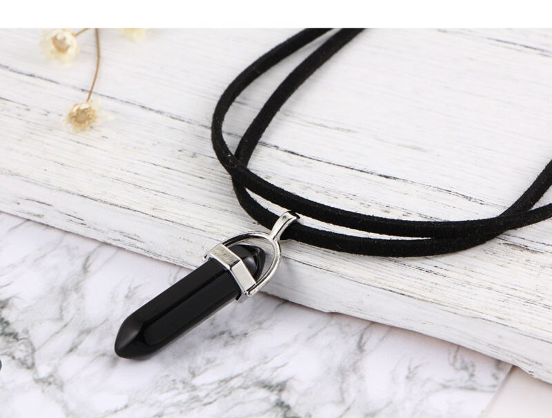 Hexagonal Column Necklaces Natural Crystal Pendants Black Stone Pendant Leather Chains Necklace for Women Jewelry