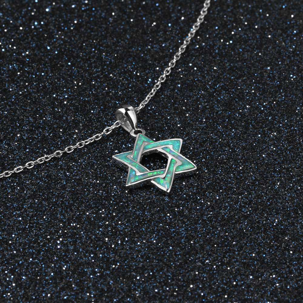Hexagram Blue Opal Pendants Necklaces 925 Sterling Silver Magen David Star Fine Jewelry Birthd Gift for Her (Lam Hub Fong)