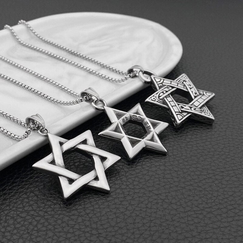 Hexagram Star of David Pendant Israel Chain Geometric Necklaces Men Women Stainless Steel Judaica Silver Color Jewish Jewelry