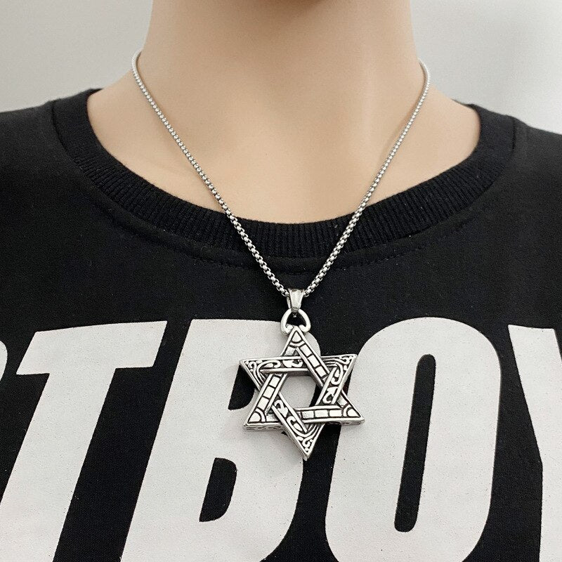 Hexagram Star of David Pendant Israel Chain Geometric Necklaces Men Women Stainless Steel Judaica Silver Color Jewish Jewelry