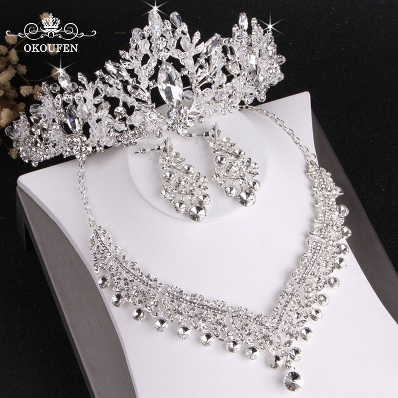 High End Silver Women Hair Jewelry Set Tiaras Necklace Earrings Shiny Diamond Rhinestone Crowns Wedding Party Hair Accessories