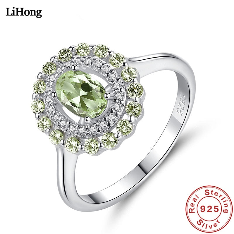 High Jewelry 925 Sterling Silver Ring Olive Green Crystal Stone Ring Engagement Wedding Gift for Woman