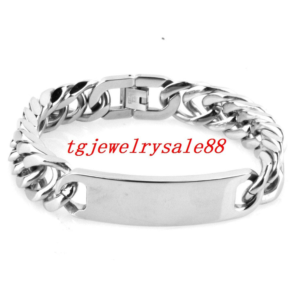 High Quality 15mm Double Stainless Steel Curb Cuban Link Chain Bracelet Bangle Bling Silver ID Co Men's Cuff Jewelry 9