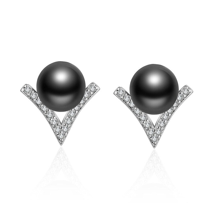 925 Stamp Silver Color Black Pearl Charm Earrings Zircon Studs Earring Women Girl Ladies Jewelry Christmas Gift