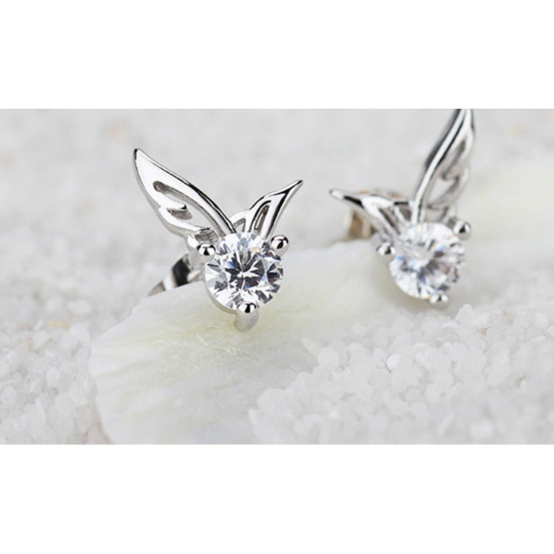925 Stamp Silver Color Charm Earrings Angel Wings Studs Earring Women Girl Ladies Jewelry Wedding Christmas Gift