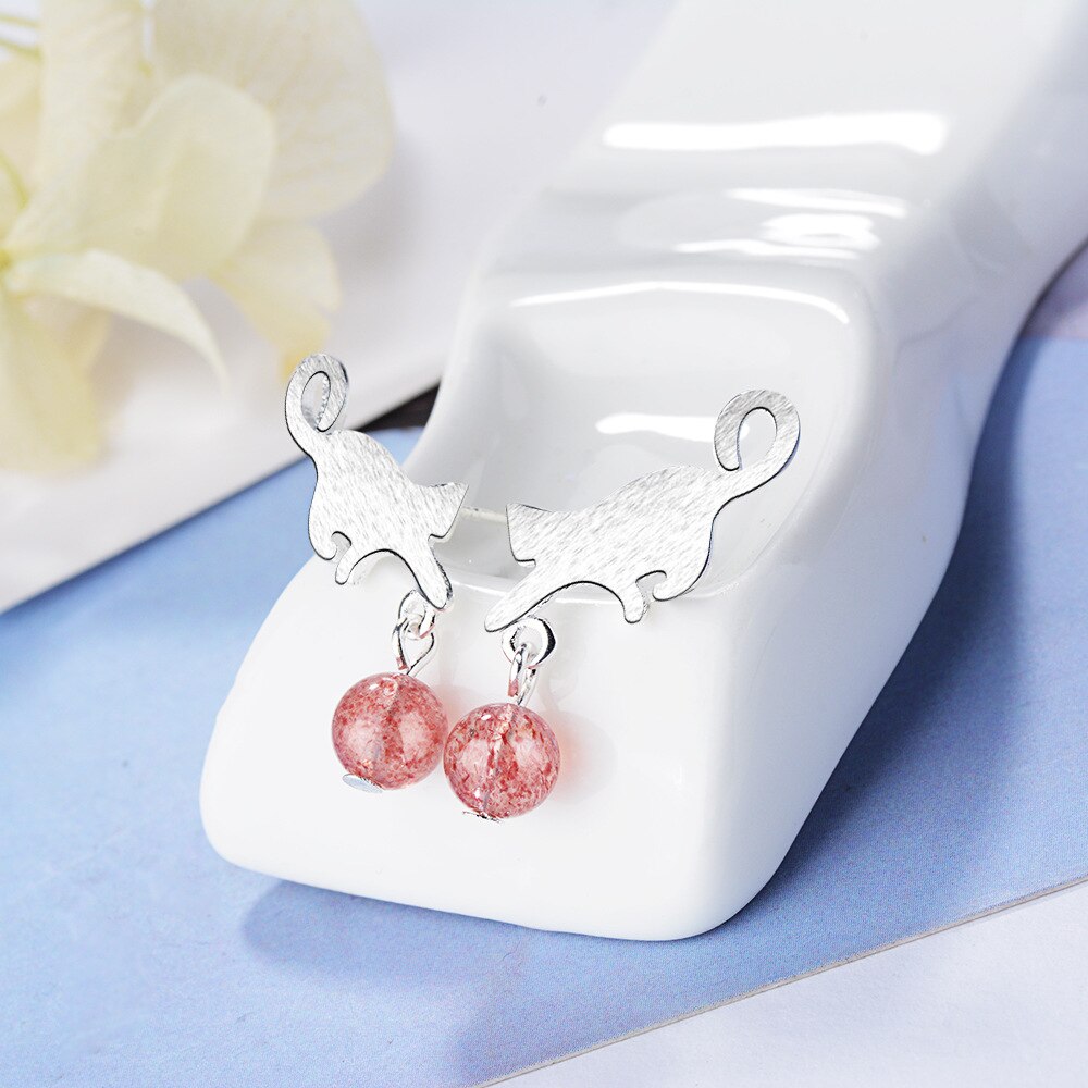 925 Stamp Silver Color Crystal Strawberry Earrings Pretty Cat Studs Earring Women Girl Ladies Jewelry Wedding Gift