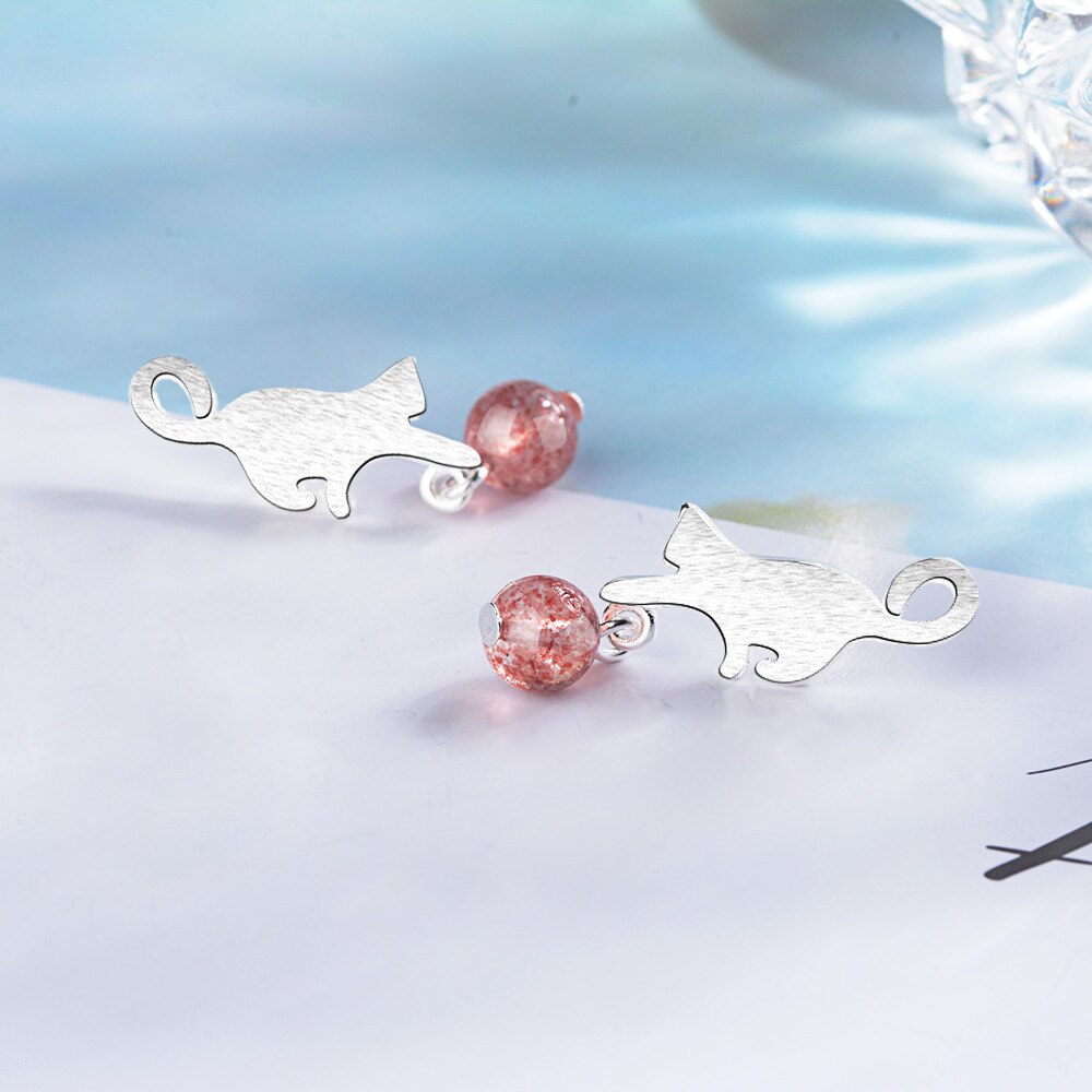 925 Stamp Silver Color Crystal Strawberry Earrings Pretty Cat Studs Earring Women Girl Ladies Jewelry Wedding Gift