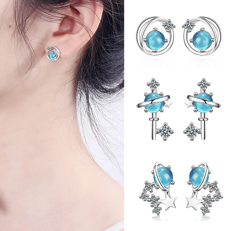 925 Stamp Silver Color Planet Charm Earrings Bule Studs Earring Women Girl Ladies Jewelry Christmas Gift