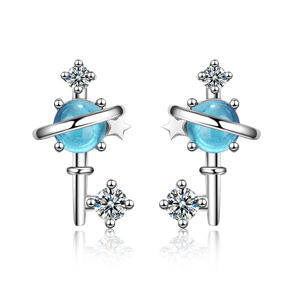 925 Stamp Silver Color Planet Charm Earrings Bule Studs Earring Women Girl Ladies Jewelry Christmas Gift