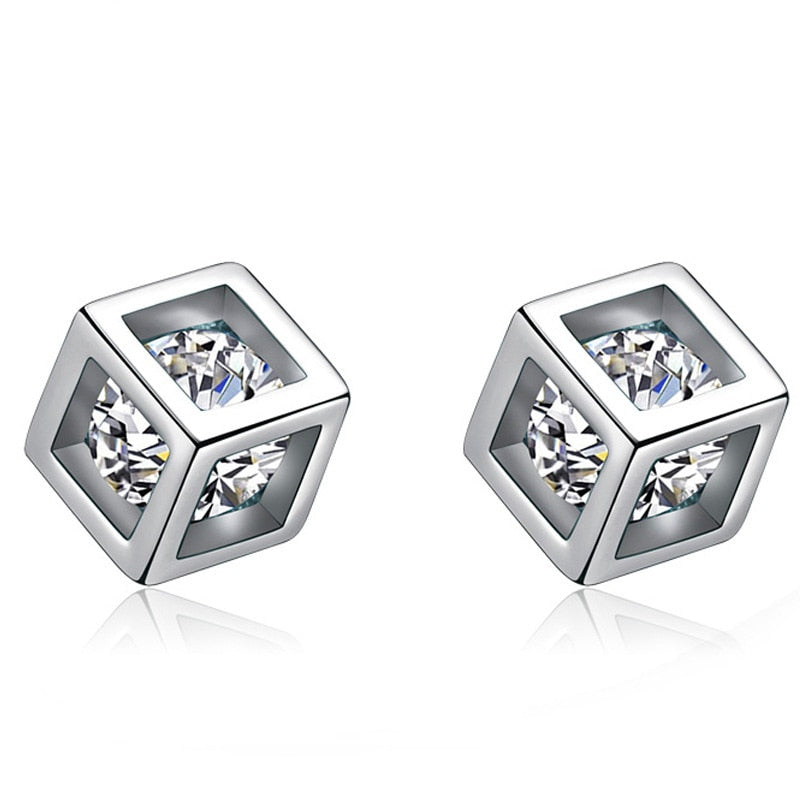 925 Stamp Silver Color Zircon Charm Earrings Delicacy Cube Studs Earring Women Girl Jewelry Wedding Gift Christmas