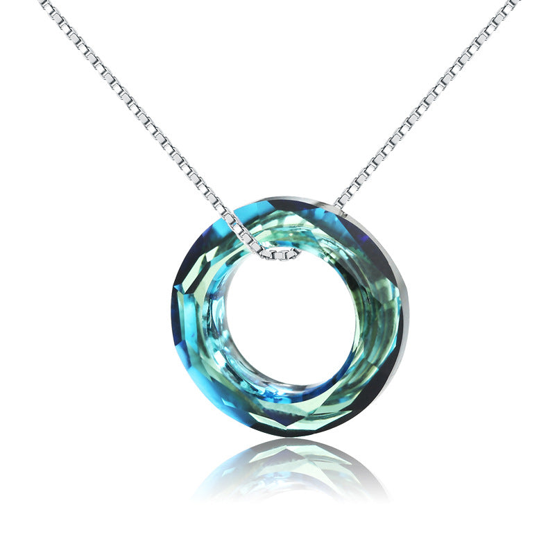 High Quality 925 Sterling Silver Blue/Champagne Austrian Crystal Color Pendant Necklace For Women Circle Shape Valentine Gift