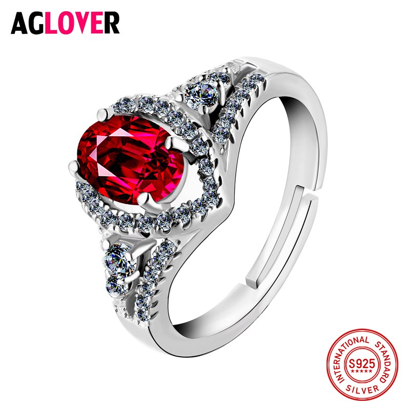 High Quality 925 Sterling Silver Rings Red Crystal CZ Sweet Women Ring Luxury Jewelry Wedding Christmas Gift