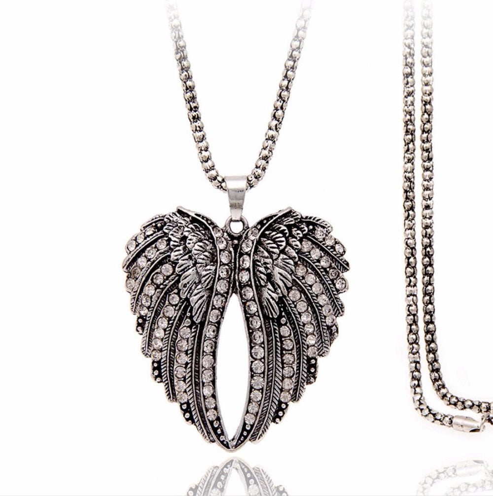 High Quality Antique Silver Crystal Rhinestone Angel Wings Long Chain Necklace Pendant For Women Lady Sweater Charm Gift Jewelry