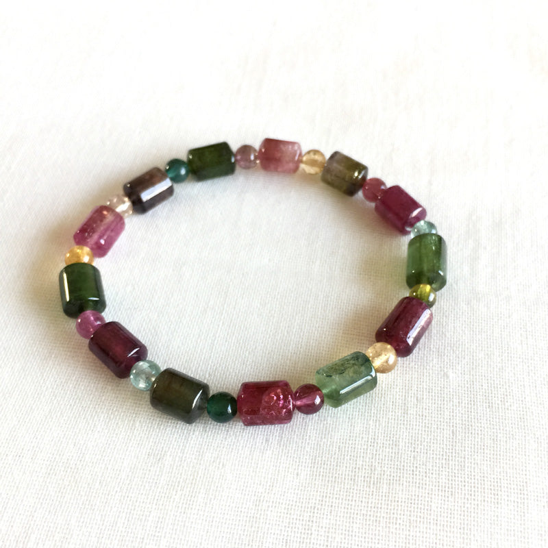 High Quality Brazil Natural Genuine Colorful Purple Green Pink Blue Tourmaline Multi-color Bracelet Tube Round beads 7x9mm 05176