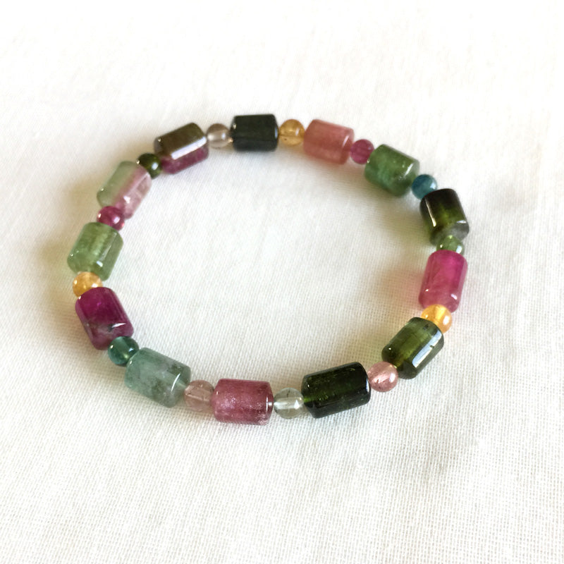 High Quality Brazil Natural Genuine Colorful Purple Green Pink Blue Tourmaline Multi-color Bracelet Tube Round beads 7x10 05177