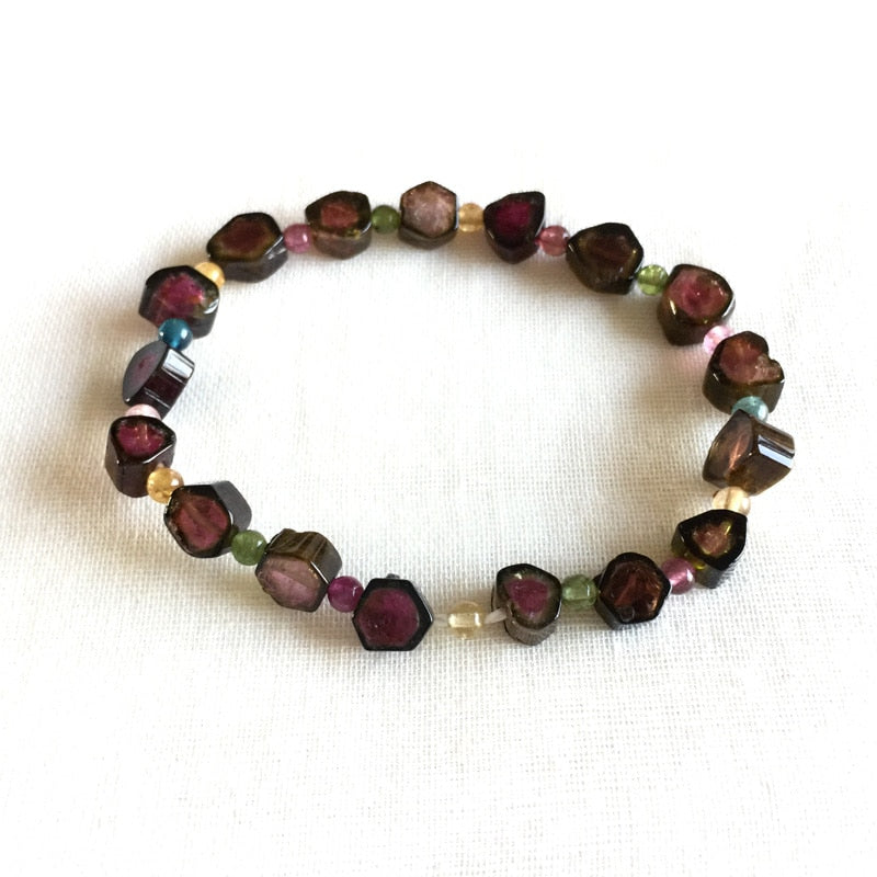 High Quality Brazil Natural Green Pink Red Yellow Watermelon Tourmaline Multi-color Bracelet Nugget Round beads 5x7mm 05167