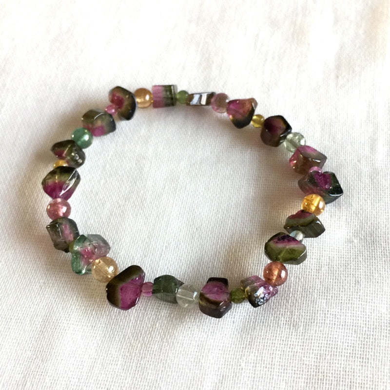 High Quality Brazil Natural Green Pink Red Yellow Watermelon Tourmaline Multi-color Bracelet Nugget Round beads 5x7mm 05166