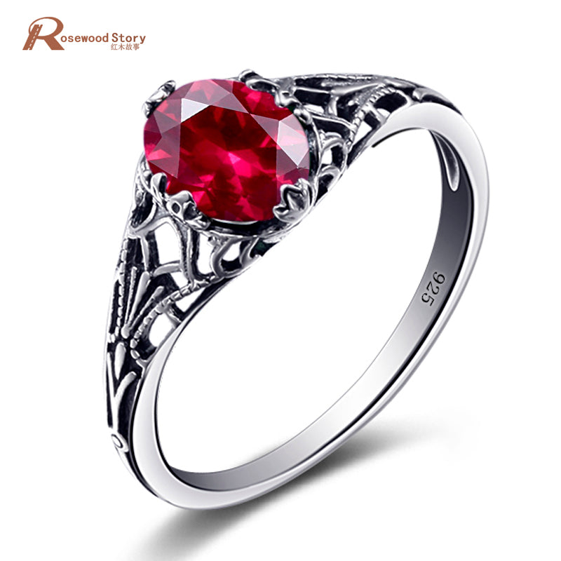 High Quality Charms Handmade Created Ruby Stone Ring Real 925 Sterling Silver Vintage Rings for Women Rose Jewelry bague femme
