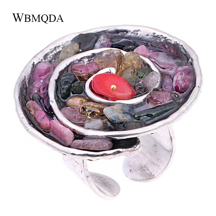 High Quality Colorful Natural Stone Rings For Women Big Vortex Pattern Silver Gold Open Ring Vintage Statement Jewelry