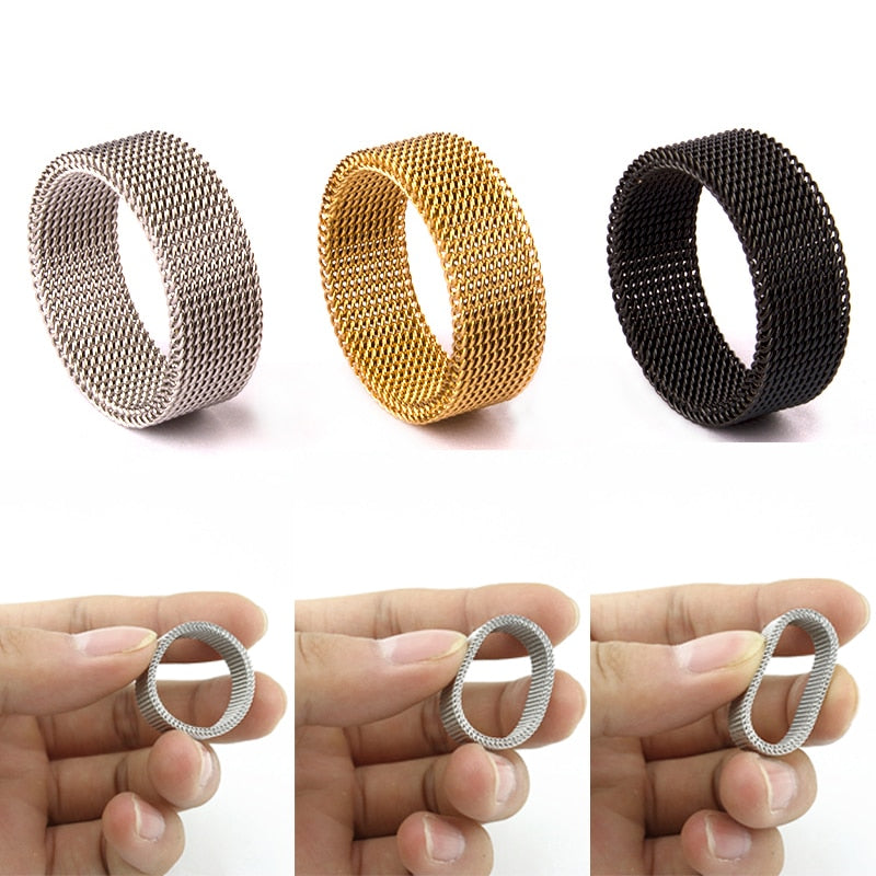 High Quality Fashion 316l Stainless Steel Rings Silver/Gold/Black Mesh Retro Punk Gothic Ring Mens Jewelry 8mm Width Size 6-13